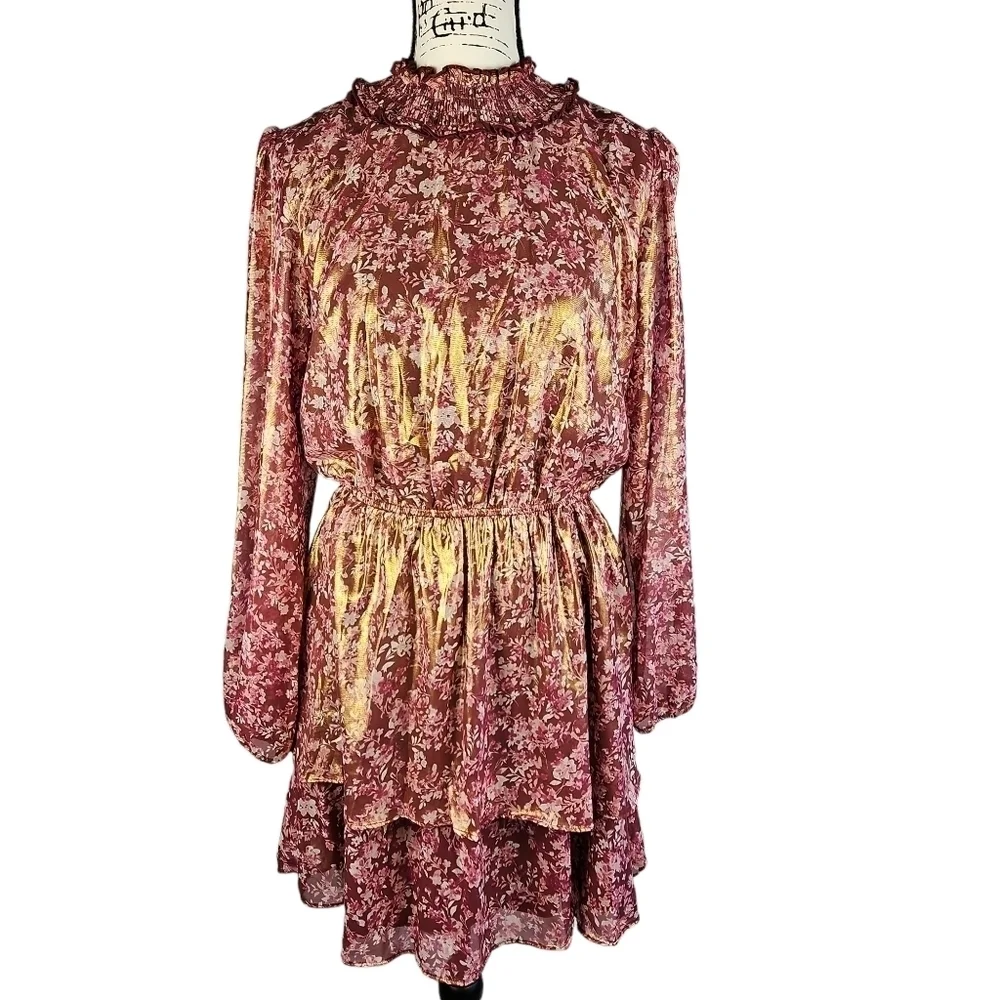 Crystal Doll - Floral Dress, Long Sleeves, Tiered Skirt  Size XL color Wine - Picture 4 of 11
